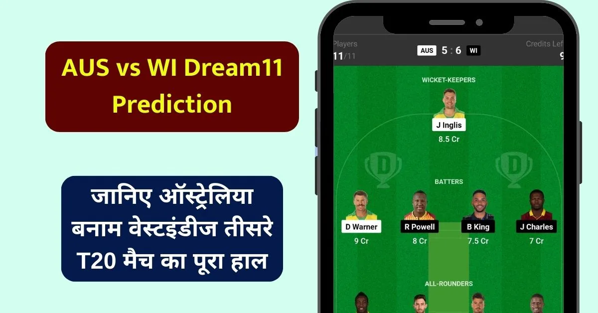 AUS vs WI Dream11 Prediction: जानिए ऑस्ट्रेलिया बनाम वेस्टइंडीज तीसरे T20 मैच का पूरा हाल, ऐसे बनाएं Dream11 टीम, इस खिलाड़ी को बनाएं कप्तान एंव उपकप्तान